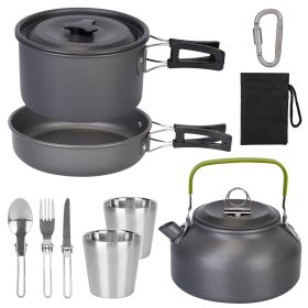 12Pcs Camping Cookware Set Camping Stove Aluminum Pot Pans Kit for Hiking Picnic Outdoor with Cup Fork Spoon Knife (Color: Black, size: One Size)