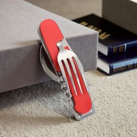 Stainless Steel 6-in-1 Multi-Tool Cutlery Set, Folding Pocket Knife with Fork, Spoon, Can Opener, Corkscrew, and Bottle Opener (Color: Red)